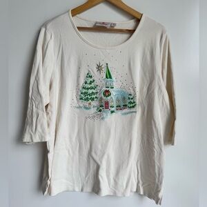 Quacker Factory Women 1X White Christmas Blouse Shirt Church Tree Sequin Holiday